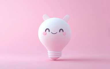 Adorable kawaii light bulb character with a happy face on a soft pink background, perfect for cute illustrations and design projects.