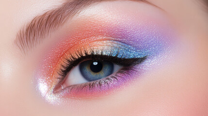 Obraz premium Close-up of a beautifully adorned eye with vibrant rainbow eyeshadow, perfect for makeup and beauty themes.
