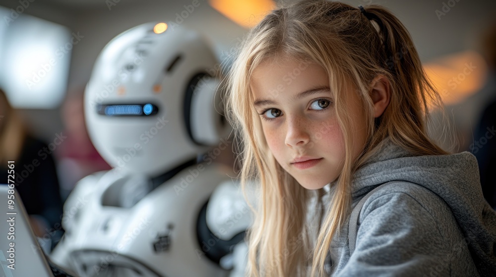 Poster Young Girl Looks at Camera with Robot in Background