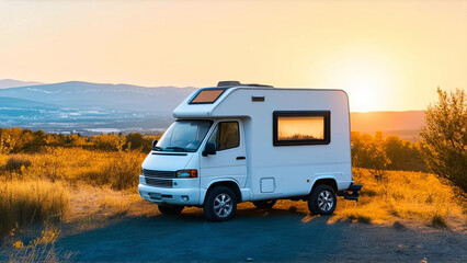 Obraz premium A camper van parked in a scenic landscape during sunset. Travel with camper?van?or motorhome. Resting on an active family vacation on a road trip.