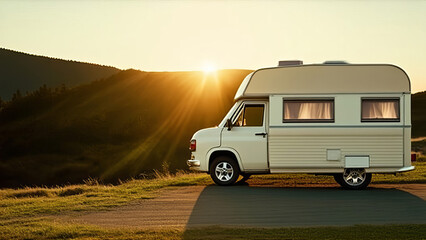 Obraz premium A camper van parked in a scenic landscape during sunset. Travel with camper?van?or motorhome. Resting on an active family vacation on a road trip.