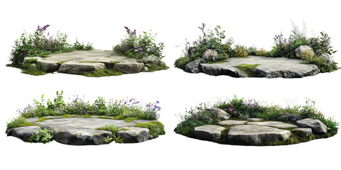Garden with large flat stones plants and flowers isolated on white background Landscaping concept