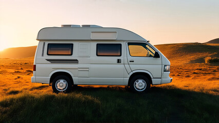 A camper van parked in a scenic landscape during sunset. Travel with camper?van?or motorhome. Resting on an active family vacation on a road trip.