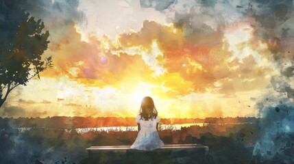 Obraz premium Watercolor illustration of a little girl in a white dress sitting on a bench to worship and watch the sunset.