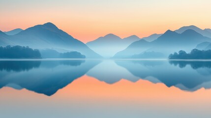 Obraz premium Tranquil Dusk at Serene Lake, gentle reflections on water, fading sunlight, soft hues in the sky, peaceful atmosphere enveloping nature.