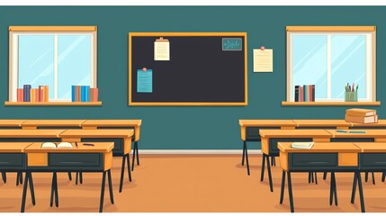 A bright classroom scene with wooden desks, a chalkboard, and shelves filled with books, perfect for educational themes.