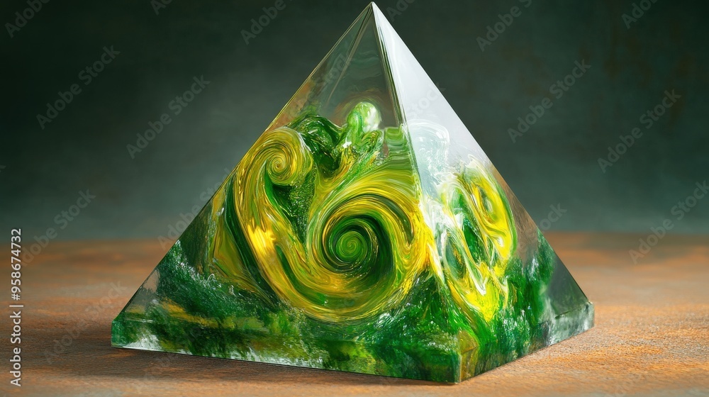 Poster a clear pyramid showcases dynamic swirling patterns of green and yellow inside, set on a lightly tex