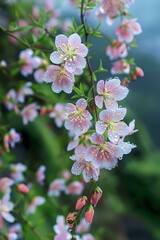A beautiful close-up of delicate pink flowers covered in dew, hanging from a branch with a lush green backdrop. Perfect for nature photography, floral designs, and spring-themed projects.