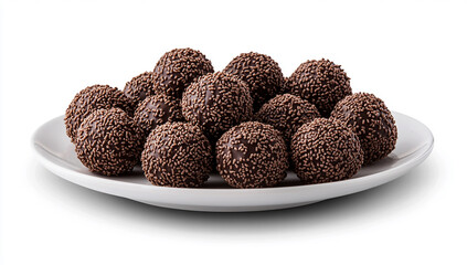 A plate of Brazilian fudge balls with chocolate sprinkles, isolated on a white background