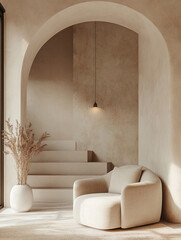 A Scandinavian mid-century modern interior photo with an armchair and arched structure in a living room with windows. Generative AI
