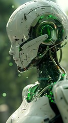 Fototapeta premium futuristic image of a humanoid robot with sleek white armor and green glowing circuitry, set against a blurred natural background. Ideal for sci-fi themes, technology concepts, and AI-related