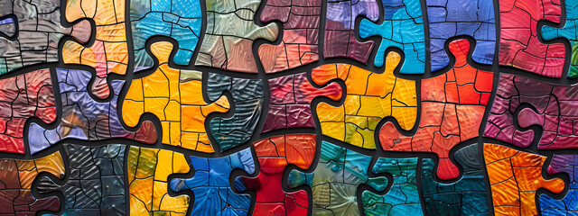 Fototapeta premium A vibrant, colorful jigsaw puzzle featuring intricate textures and patterns that evoke creativity and playfulness.
