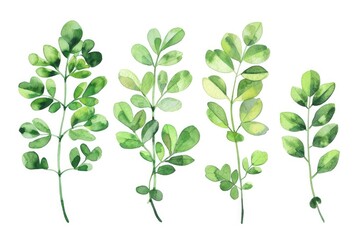 Fototapeta premium Green Herbal Leaf. Watercolor Illustration of Fresh Moringa Leaves on White Background