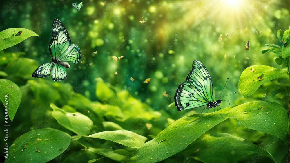 Wall mural butterflies dancing in the forest in morning and green view