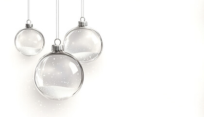 Transparent glass Christmas tree balls filled with snow on a white background. Christmas background with Christmas tree games on a white background. Merry Christmas and Happy New Year.