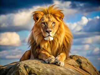 Majestic golden-maned predator, ruler of the savannah, sits regally on a rocky outcropping, gazing out with piercing