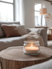 Country house living room with grey sofa. A photo of a comfortable-looking mid-century modern interior with a lit candle. Generative AI
