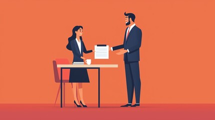 A professional meeting scene featuring a man and woman exchanging documents at a modern office table.