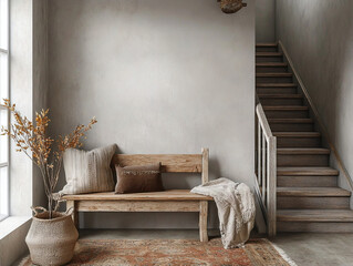 A Scandinavian interior with wood chairs and cushions and stairs in the hallway of a country house. Generative AI
