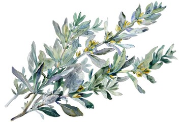 Hand Drawn Watercolor Illustration of Aromatic Artemisia Herb Sprig for Healthy Therapy