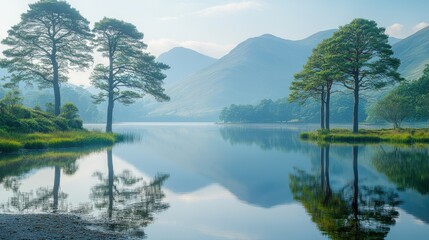 Tranquil Dawn at a Serene Lake, still waters mirroring the soft hues of early morning light, surrounded by gentle hills and lush greenery.