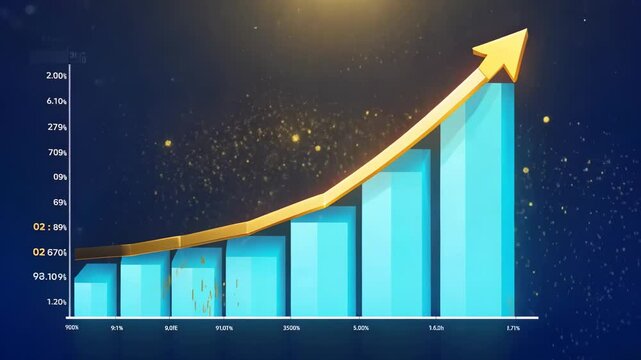 A vibrant digital chart showcases significant growth with blue bars representing various percentages and a bold golden arrow symbolizing success.