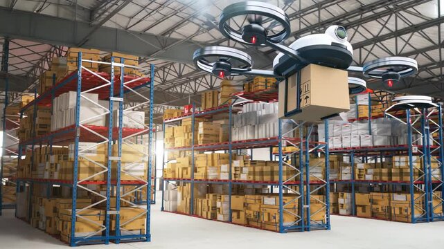 A high-tech warehouse scene with drones transporting packages among tall shelves filled with neatly organized goods. Bright lights emphasize innovation in logistics and automation.
