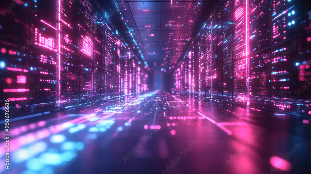 Poster futuristic neon-lit data center with rows of server racks and glowing digital elements, illustrating