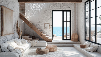 living room featuring an old metal locker, white stone walls, and boho accents with natural materials for a unique