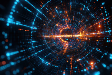 Futuristic digital data tunnel with vibrant blue and orange lights, representing high-tech information network and fast data transfer.