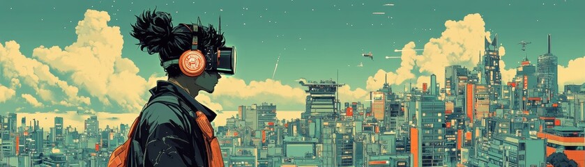 Japanese ukiyo-e inspired illustration of a samurai with augmented reality gear, gazing at a high-tech cityscape, blending past and future
