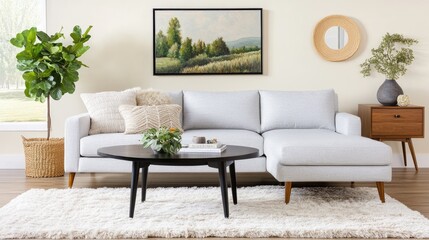 A cozy living room features a beige sofa, a large black painting, and touches of greenery, including a vase and an olive tree, all contributing to a warm, inviting vibe