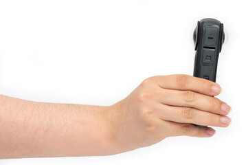 Black small camera with two 360 lenses