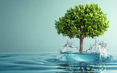 A solitary tree symbolizing growth and stability is strikingly emerging from vibrant blue water, capturing a harmonious blend of nature and serenity.