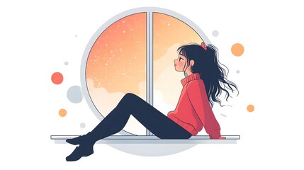 Woman Sitting On Windowsill Looking Out At Sunset