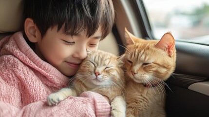 Boy and Cats in Car.