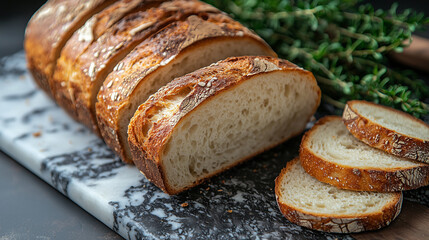 Naklejka premium Freshly baked sliced bread on a marble tabletop, aesthetic image, text space. 