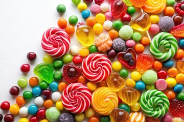 A vibrant assortment of colored candies including gummy bears lollipops and jelly beans placed on a clean white background captured from a high angle view, tasty snacks