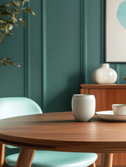 Minimalist, photo of a dining room with light green-finished walls and Scandinavian interior-style tables and chairs. Generative AI
