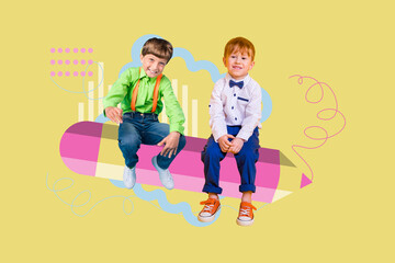 Composite photo collage of two small happy school boys sit pencil primary school classmates education isolated on painted background
