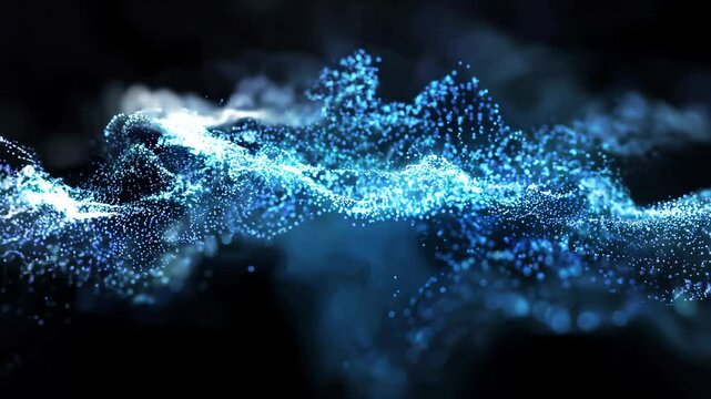 
Abstract blue particles floating and swirling in dark space, creating a mesmerizing dynamic wave pattern with a soft glowing effect, resembling cosmic energy flow