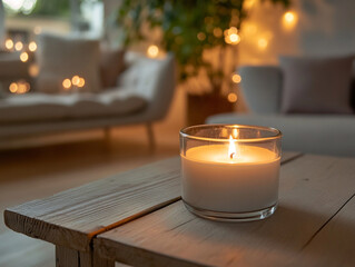 Country house living room with grey sofa. A photo of a comfortable-looking mid-century modern interior with a lit candle. Generative AI