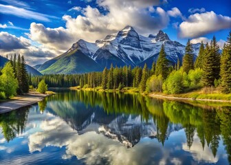 Majestic mountain scenery with snow-capped peaks, serene lake reflection, and lush green forests surrounding a scenic