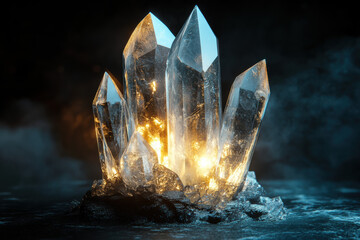 Glowing crystal formations emanate a mystical light in a dark, foggy environment, creating a captivating fantasy scene.