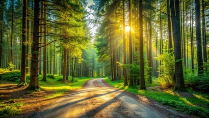 Fototapeta premium green foliage, breathtaking view, idyllic, peaceful, tranquility, A breathtaking view of a crossroad surrounded by tall trees and green foliage in the midst of a sunlit summer forest