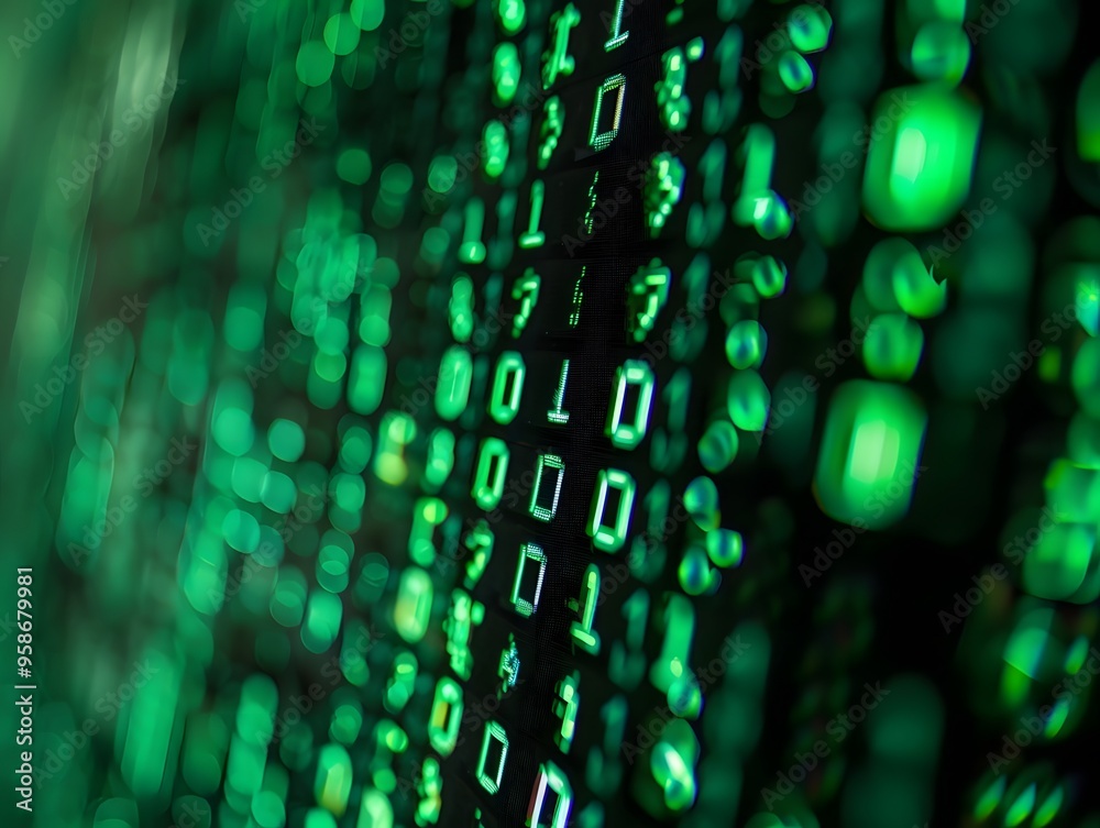 Poster a captivating close-up of green binary code displayed on a digital screen, representing technology a