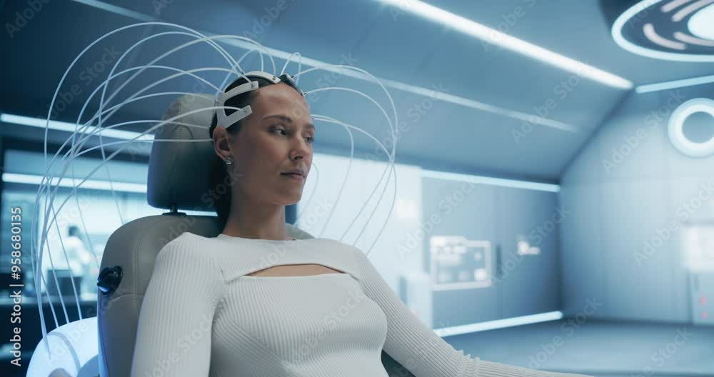 Poster futuristic medical laboratory: female patient wearing headset. brain scanner using advanced neural t