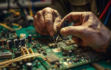 A close-up of hands repairing a circuit board, showcasing precision and skill in electronics work.