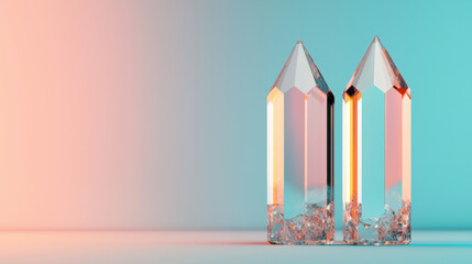 Obraz premium Elegant crystal formations with a gradient teal and coral background, capturing their beauty and clarity in a minimalist setting.