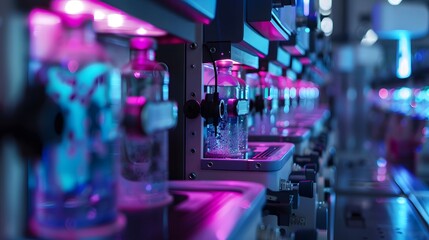 A close-up view of laboratory vials illuminated with vibrant colors, showcasing advanced technology in a modern research facility.